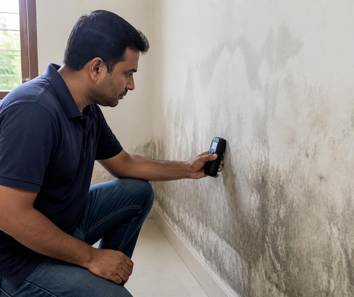 Technician checking wall dampness with a moisture meter during a waterproofing inspection